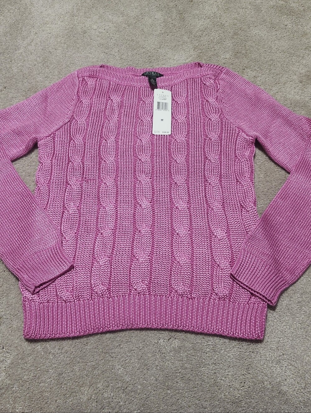 Lauren Ralph Lauren NWT Women’s Bright Pink Cable-Knit Crew Sweater Size Medium